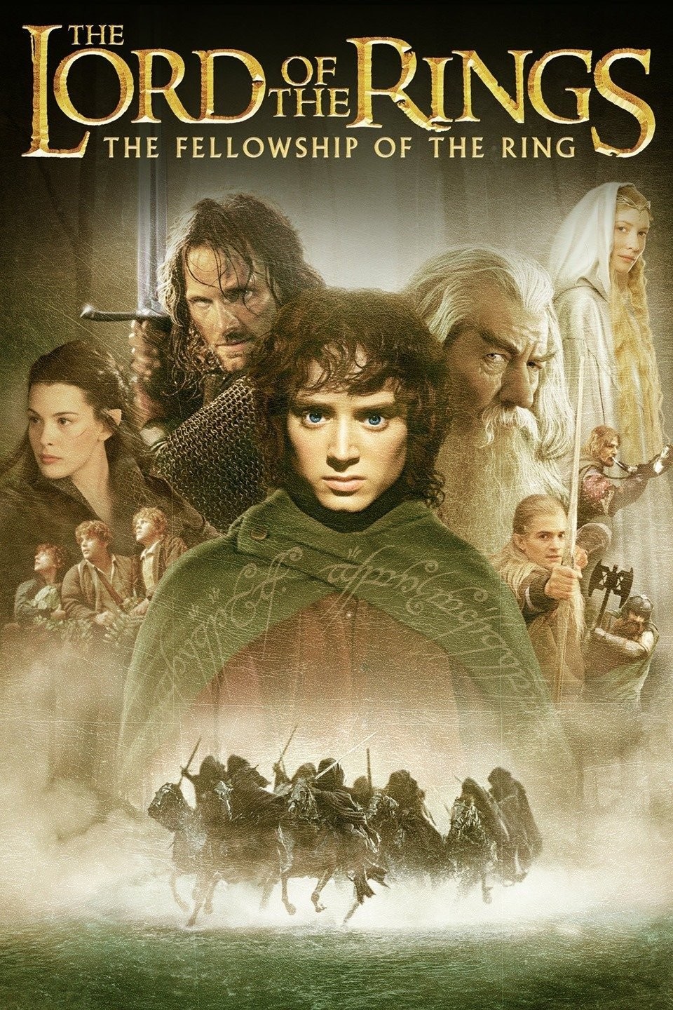 Movie poster for The Lord of the Rings: The Fellowship of the Ring, showing Frodo at center with companions and a battle scene beneath the title.